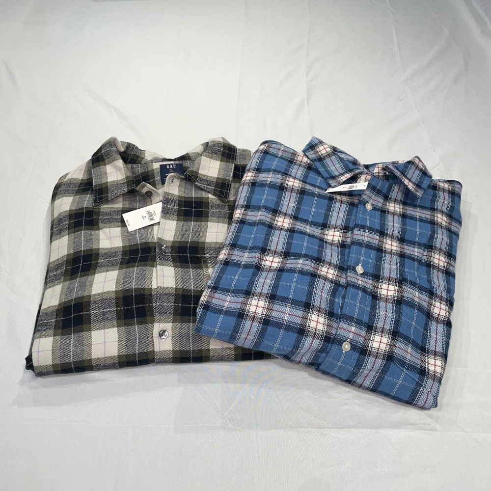 Gap Mens Plaid Flannel Shirt Bundle 2 Pack Organic Cotton Olive Blue XL Tall